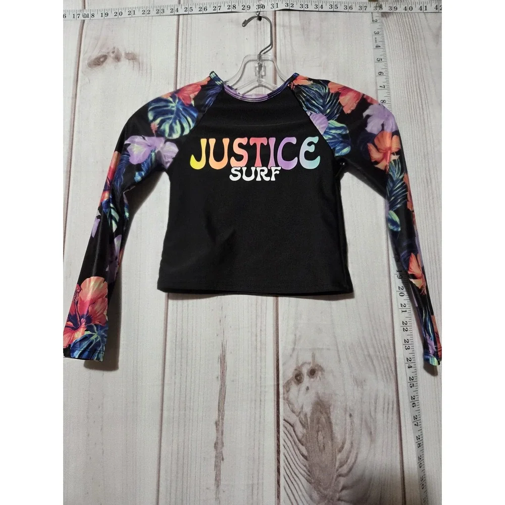 Justice Surf‎ Shirt Girls Small 7/8 Black Floral Rash Guard Swim Top Long Sleeve
